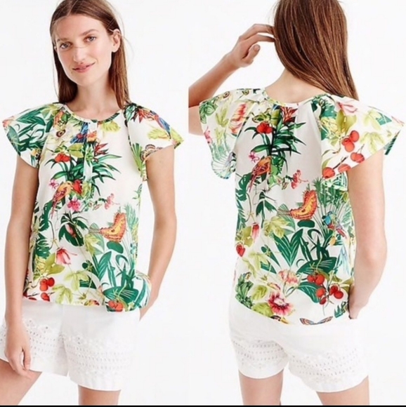 J. CREW Into The Wild Italian Ratti Tropical Floral Print Ruffle Sleeve Top NWT - Picture 3 of 14
